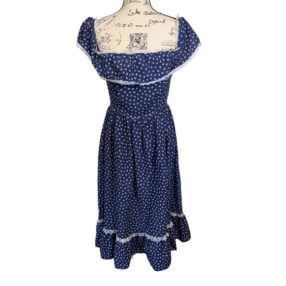 Vintage Berkertex Navy Floral Calico Print Cotton Prairie Lace Ruffle Dress 14 - Picture 2 of 12